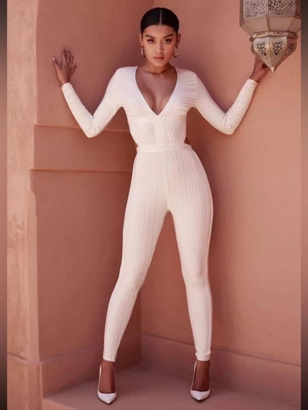 House of CB Cream Ribbed Deep-V Long-Sleeve Jumpsuit